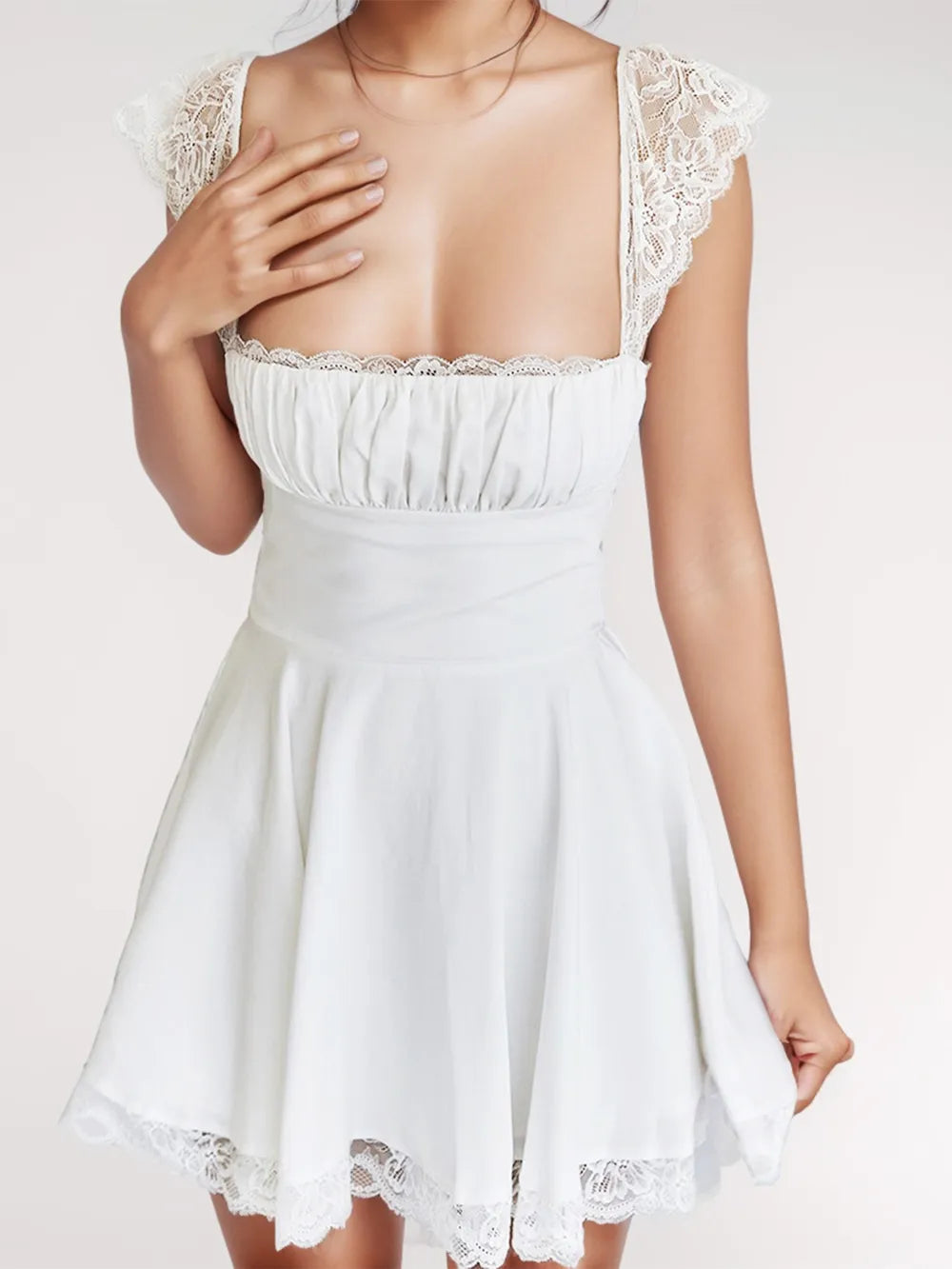 Lace Detail Square Neck Cap Sleeve Mini Dress - Draped in Grace