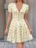 Floral Print V-Neck Puff Sleeve Mini Dress - Draped in Grace
