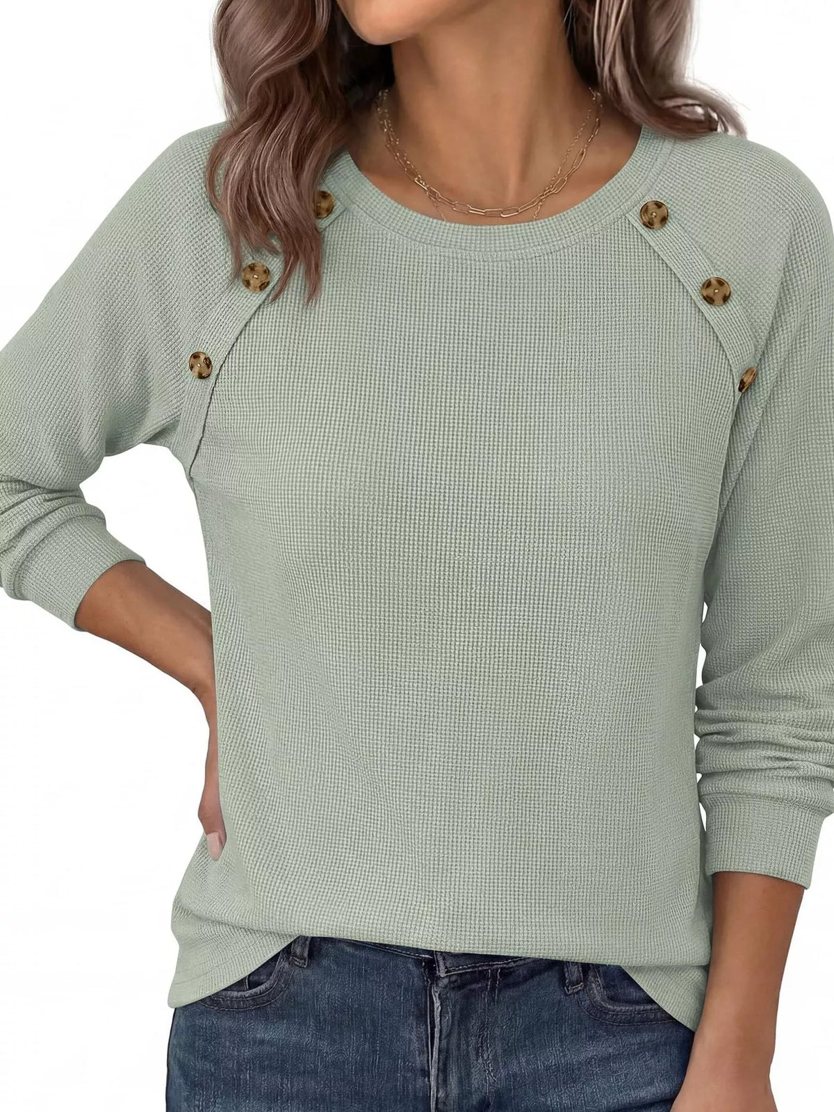 Decorative Button Waffle Knit Long Sleeve T-Shirt - Draped in Grace