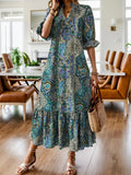 Full Size Bohemian Paisley Print Ruffle Hem Midi Dress Plus Size - Draped in Grace