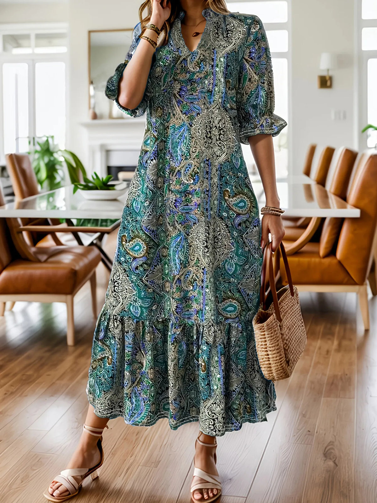 Full Size Bohemian Paisley Print Ruffle Hem Midi Dress Plus Size - Draped in Grace