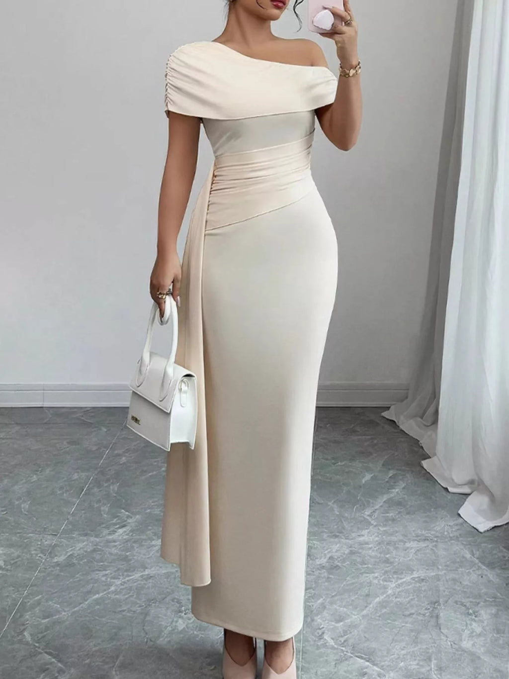 One-Shoulder Ruched Maxi Dress - Draped in Grace