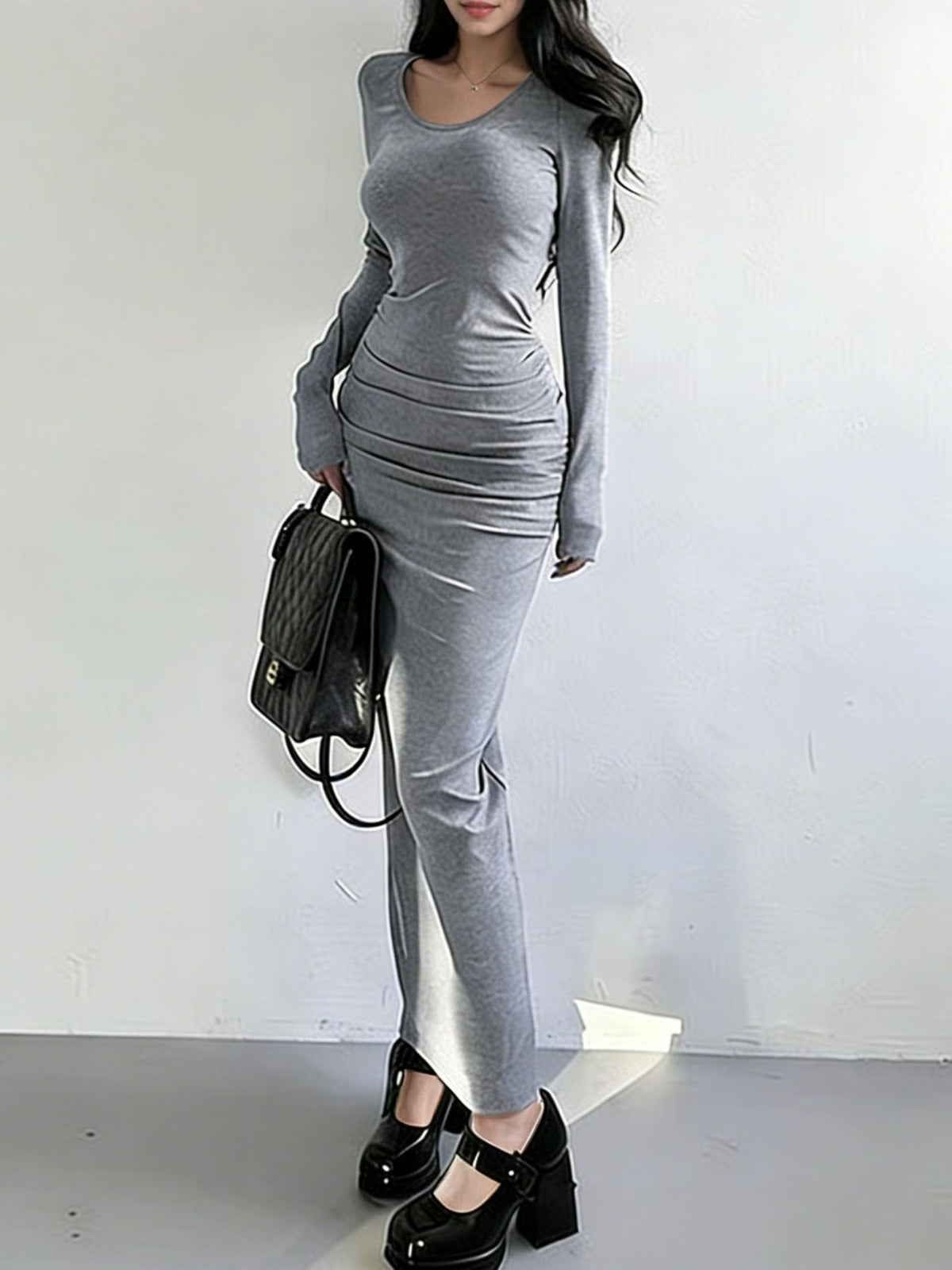 Slit Long Sleeve Bodycon Maxi Dress - Draped in Grace