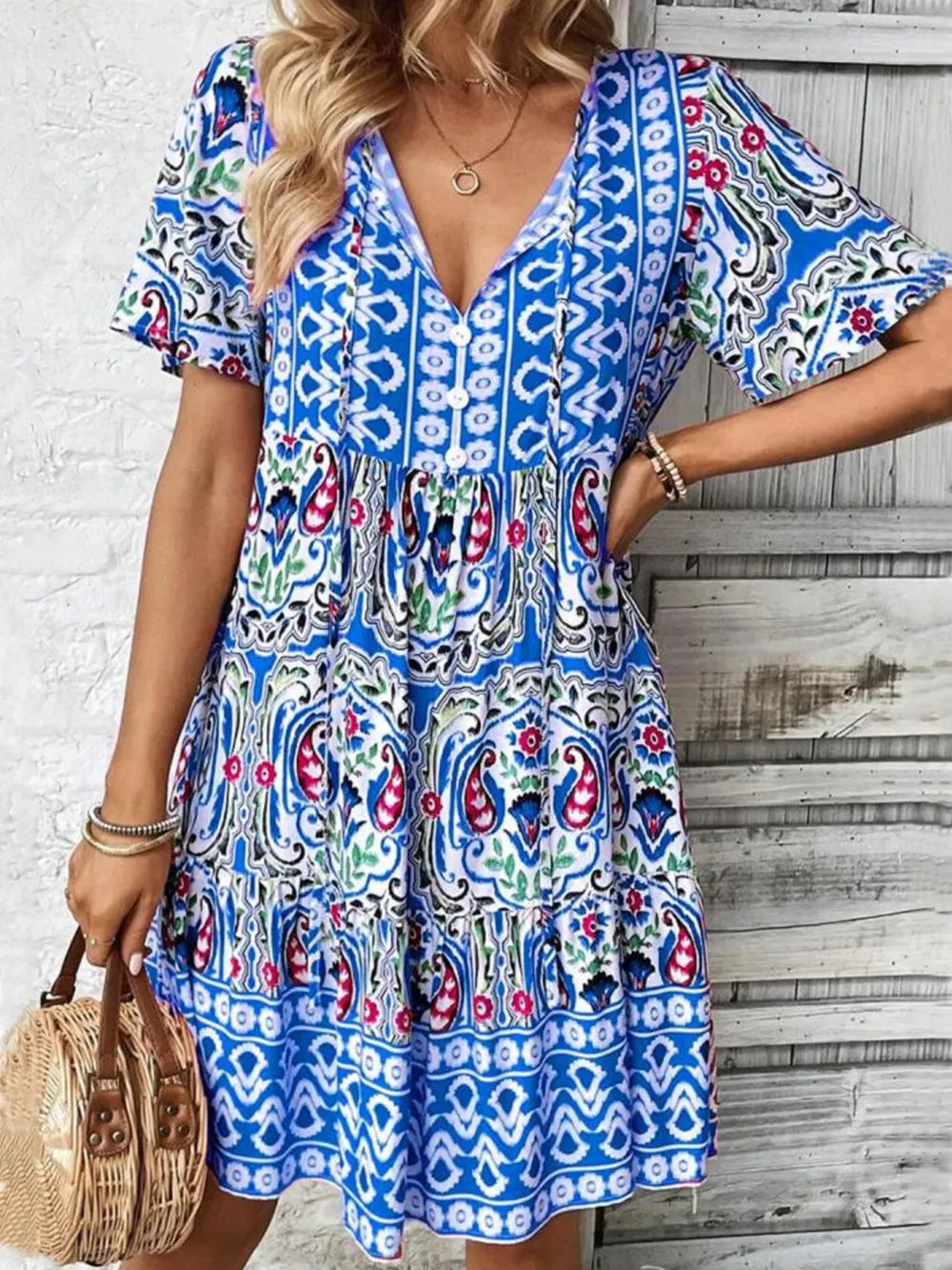 Printed Tie Neck Short Sleeve Dress - Draped in Grace