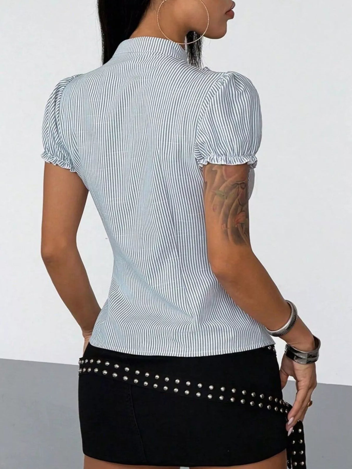 Frill Striped Short Sleeve Shirt - Draped in Grace