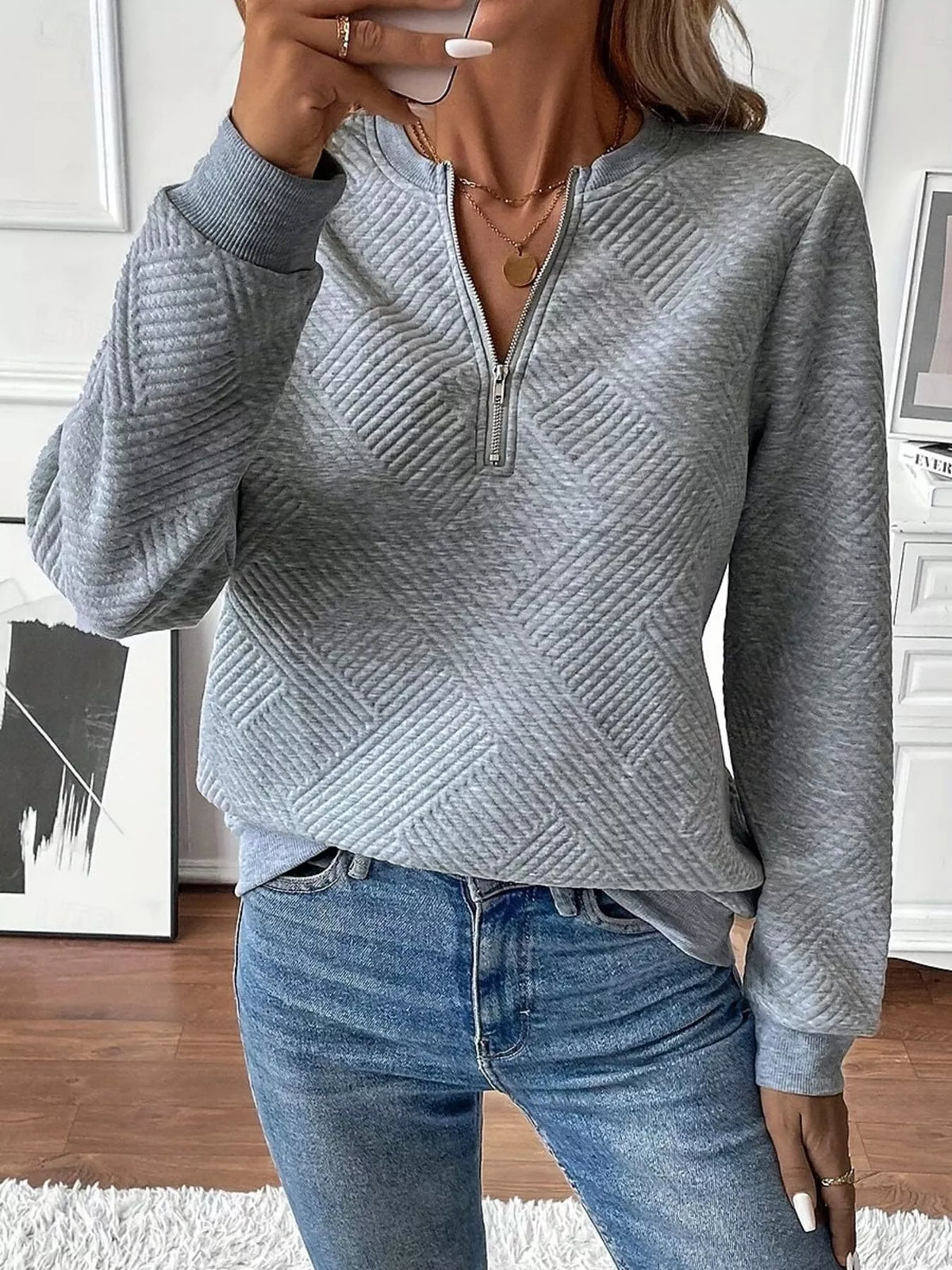 Textured Quarter-Zip Sweatshirt - Draped in Grace