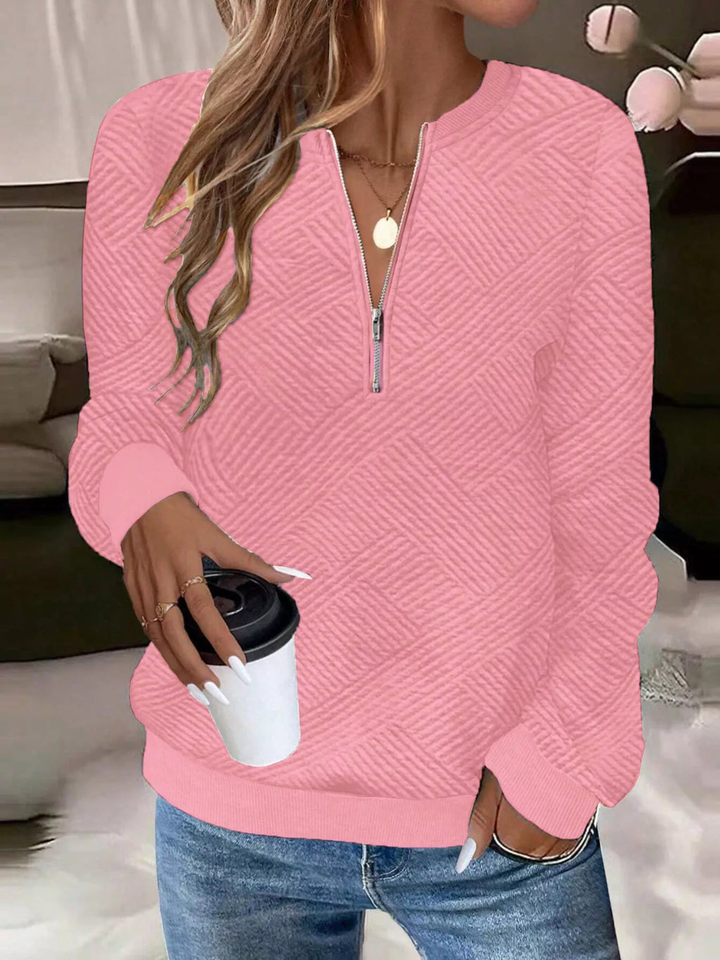 Textured Quarter-Zip Sweatshirt - Draped in Grace