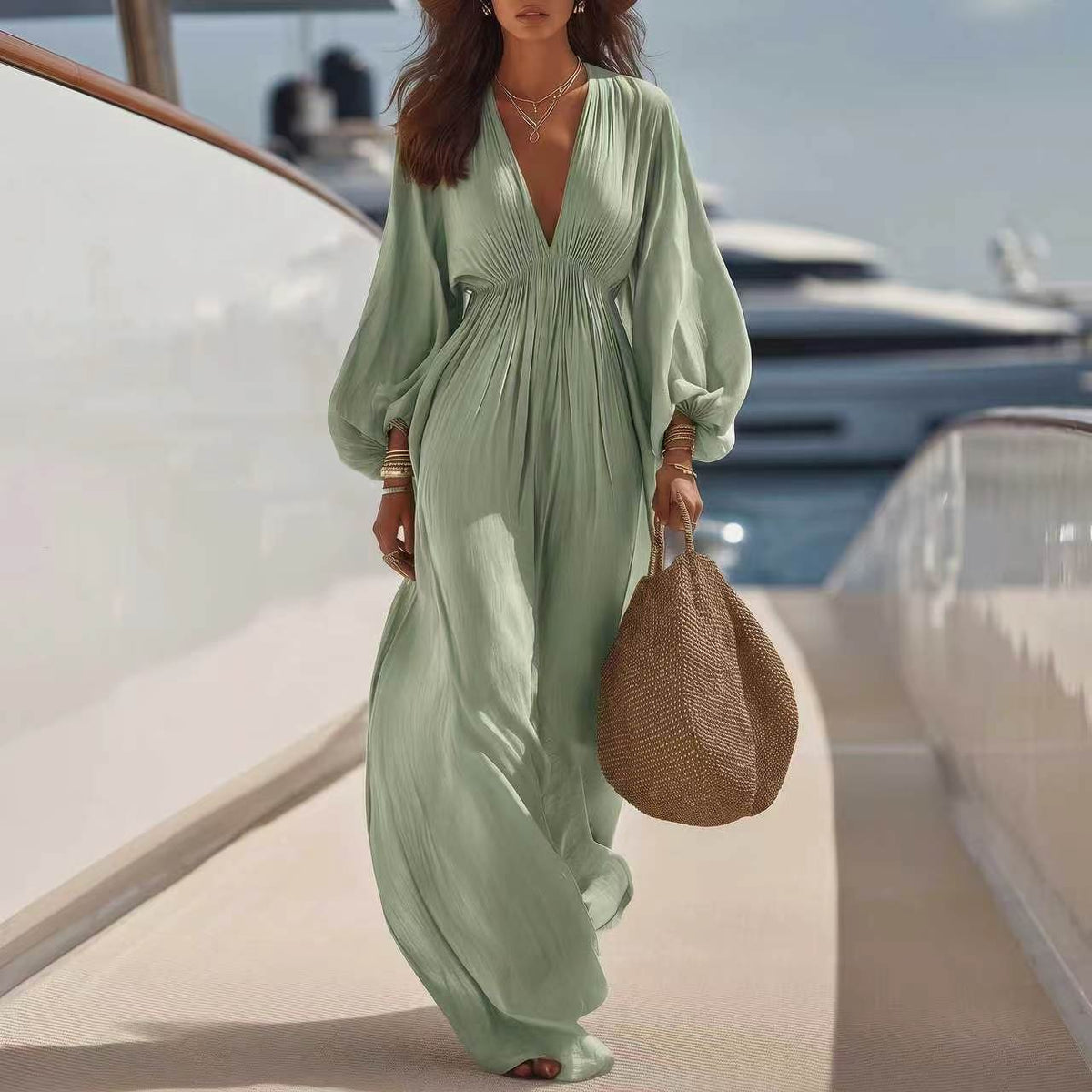 Elegant High-waisted Long-sleeve V-neck Womens Dress - Draped in Grace