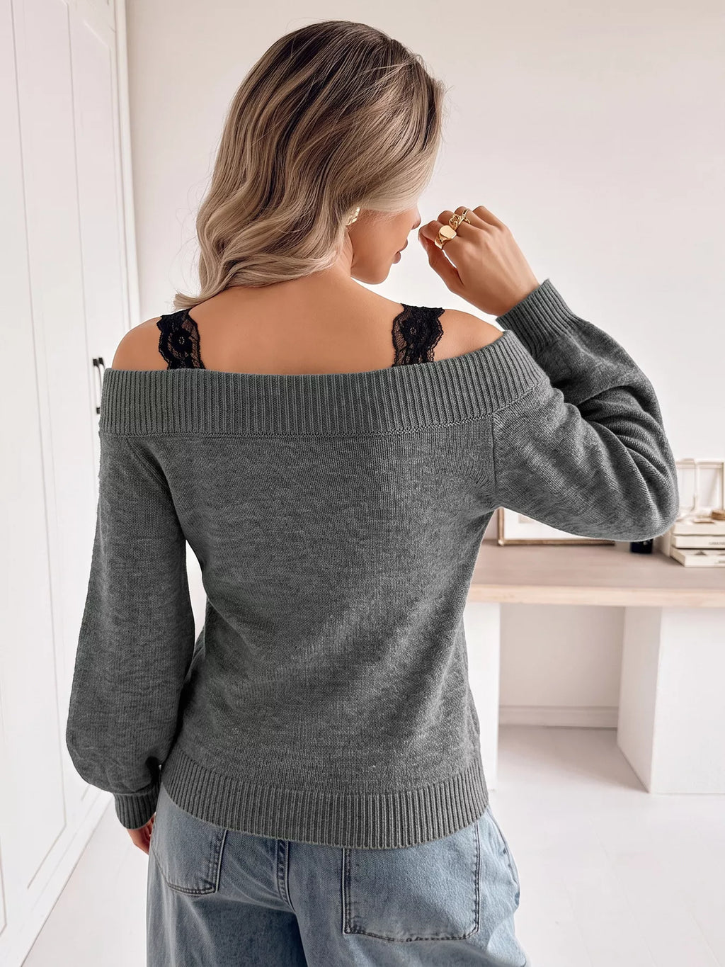 Off-Shoulder Lace Trim Sweater - Draped in Grace
