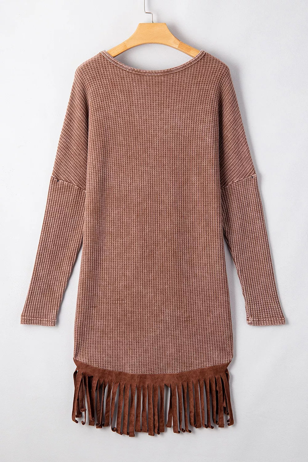 Waffle Knit Fringed High Low Loose Top - Draped in Grace