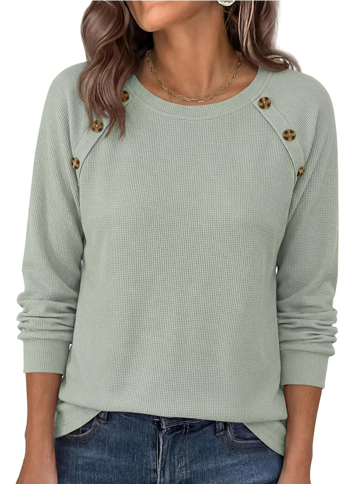 Decorative Button Waffle Knit Long Sleeve T-Shirt - Draped in Grace