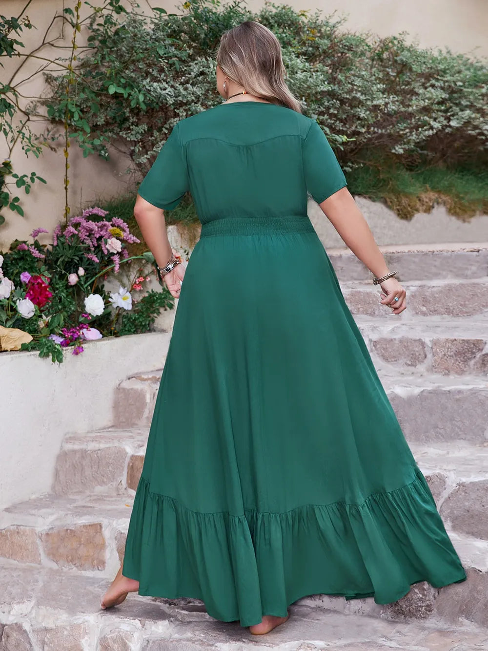 Plus Size Button Detail V-Neck Short Sleeve Maxi Dress - Draped in Grace