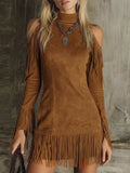 Fringed Cold Shoulder Mini Dress - Draped in Grace