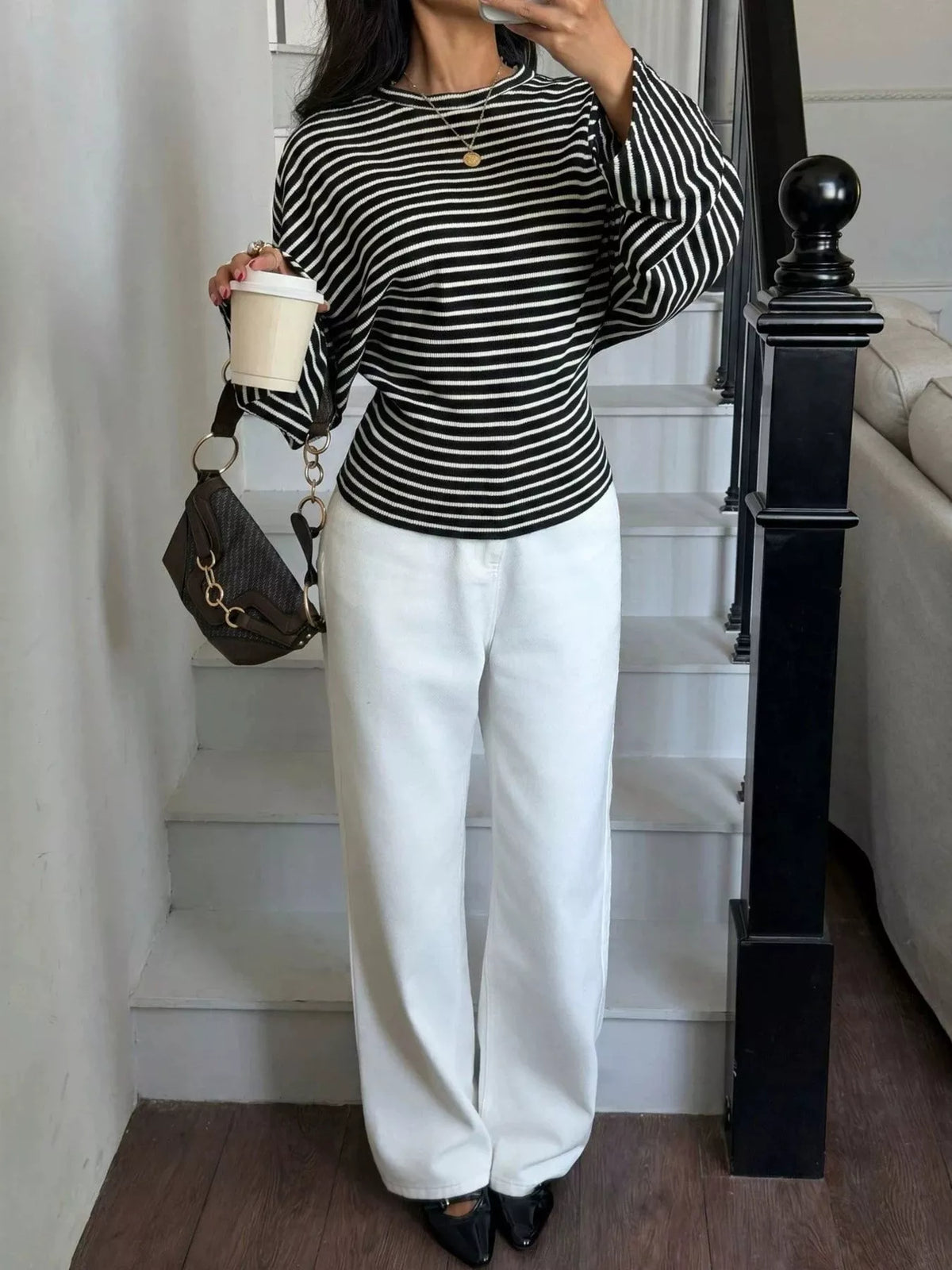 Casual Striped Batwing Sleeve T-Shirt - Draped in Grace