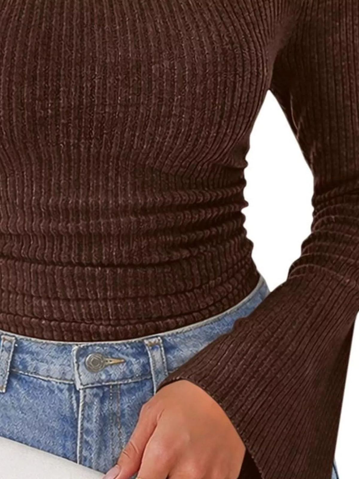 Ribbed Knit Cowl Neck Flared Sleeves Top - Draped in Grace