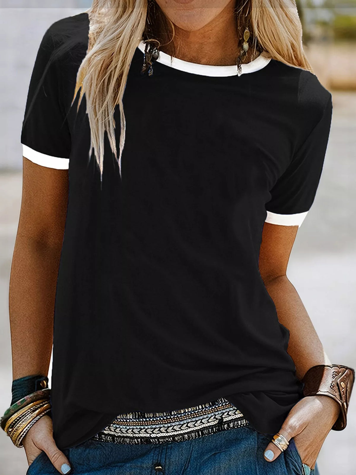 Casual Contrast Trim Short Sleeve T-Shirt - Draped in Grace