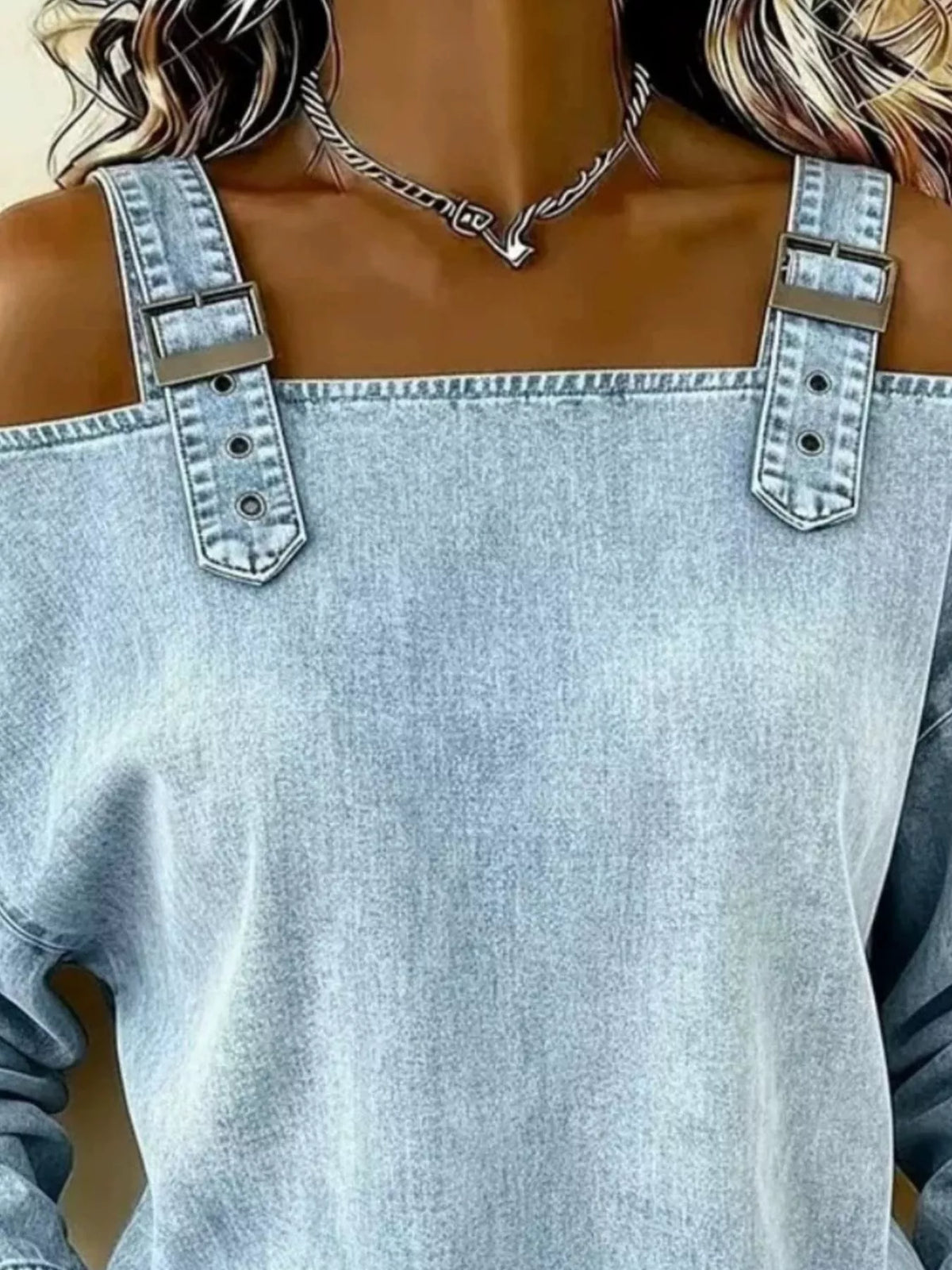 Full Size Buckle Strap Long Sleeve Denim Top Plus Size - Draped in Grace
