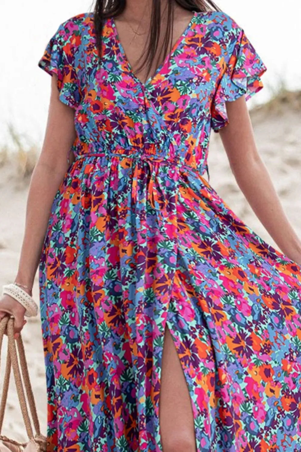 Slit Printed Cap Sleeve Maxi Dress - Draped in Grace