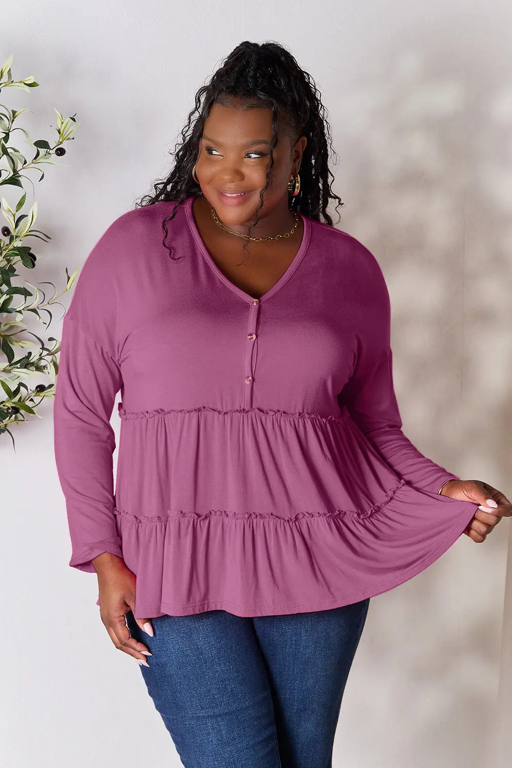 Double Take Half Button Long Sleeve Ruffle Hem Blouse - Draped in Grace