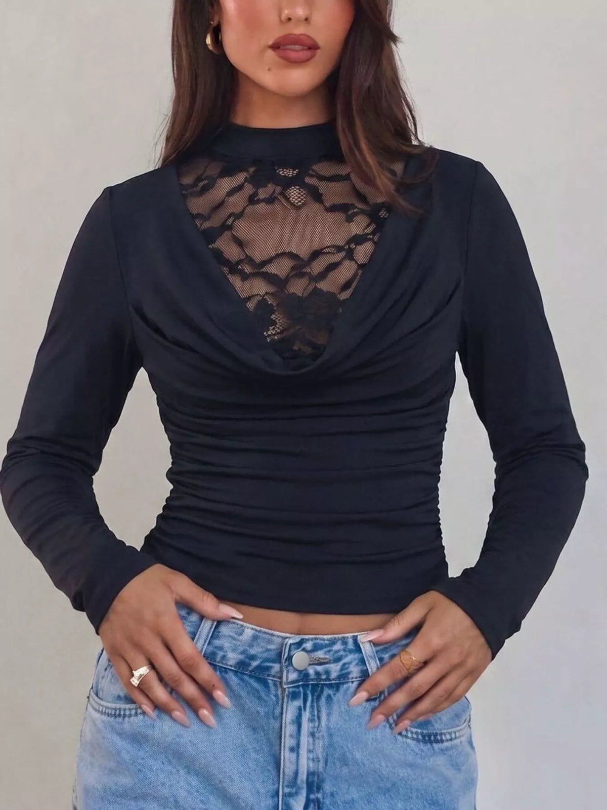 Lace Mock Neck Long Sleeve T-Shirt - Draped in Grace