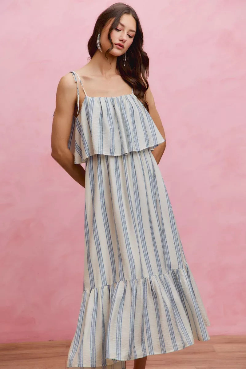 SO ME Stripe Tiered Shoulder Tie Midi Lined Dress - Draped in Grace