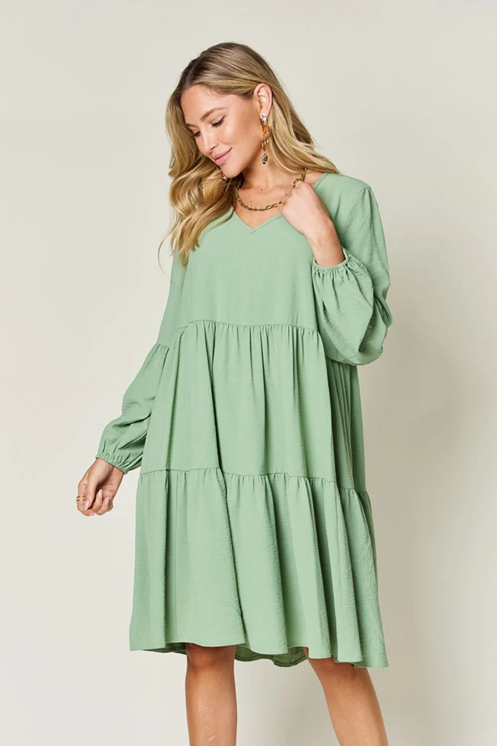 Double Take Full Size V-Neck Balloon Sleeve Tiered Dress with Pockets - Draped in Grace