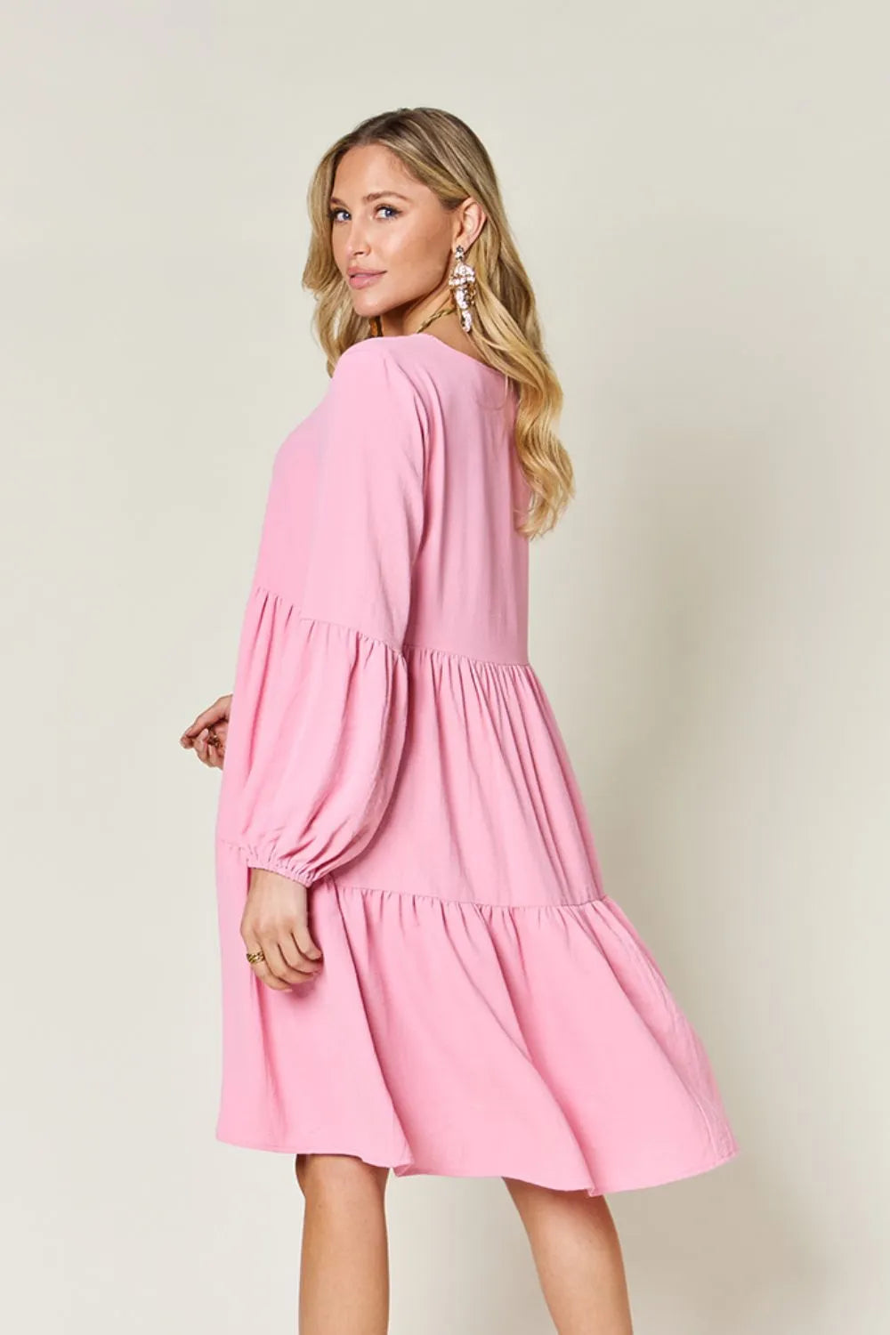 Double Take Full Size V-Neck Balloon Sleeve Tiered Dress with Pockets - Draped in Grace