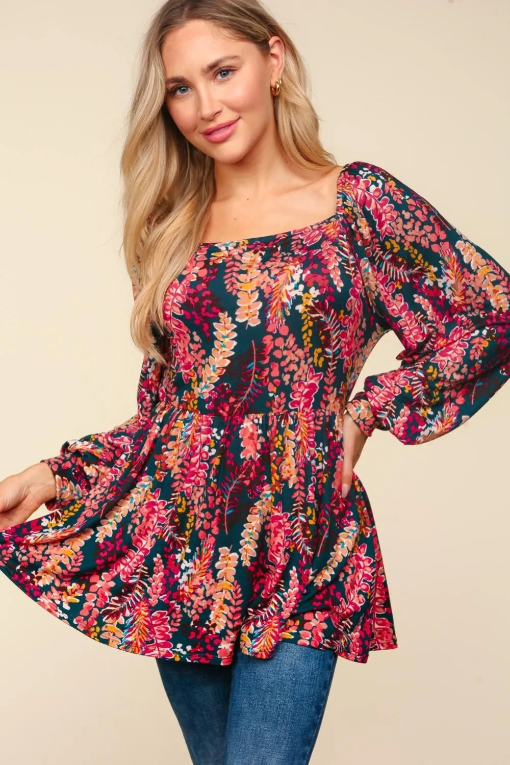 Haptics Full Size Peplum Floral Square Neck Blouse - Draped in Grace