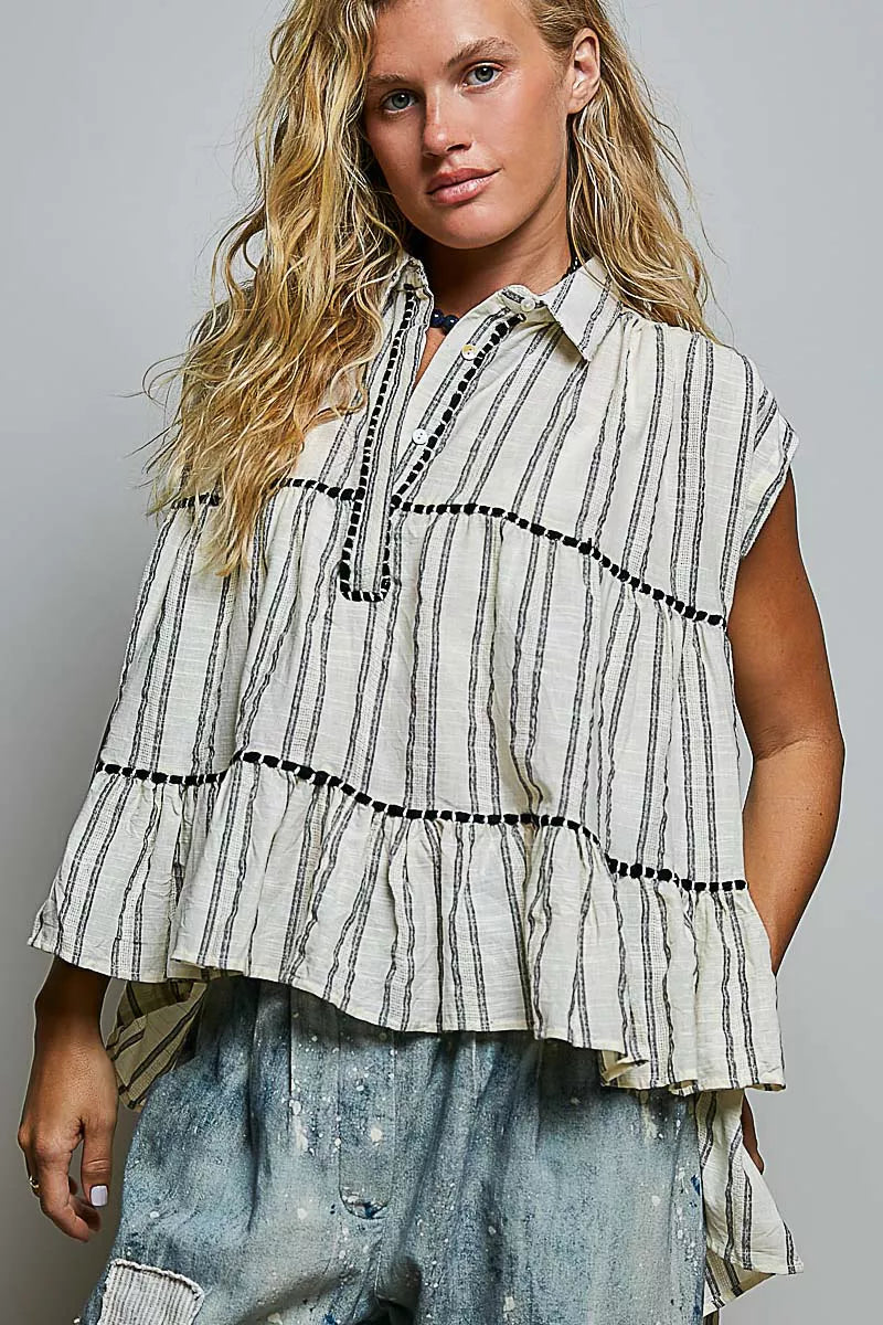 POL Striped Ruffle Collared Sleeveless Cotton Top - Draped in Grace