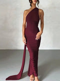 Backless One-Shoulder Ruched Bodycon Maxi Dress - Draped in Grace