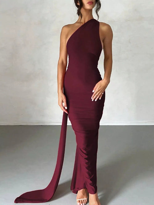 Backless One-Shoulder Ruched Bodycon Maxi Dress - Draped in Grace