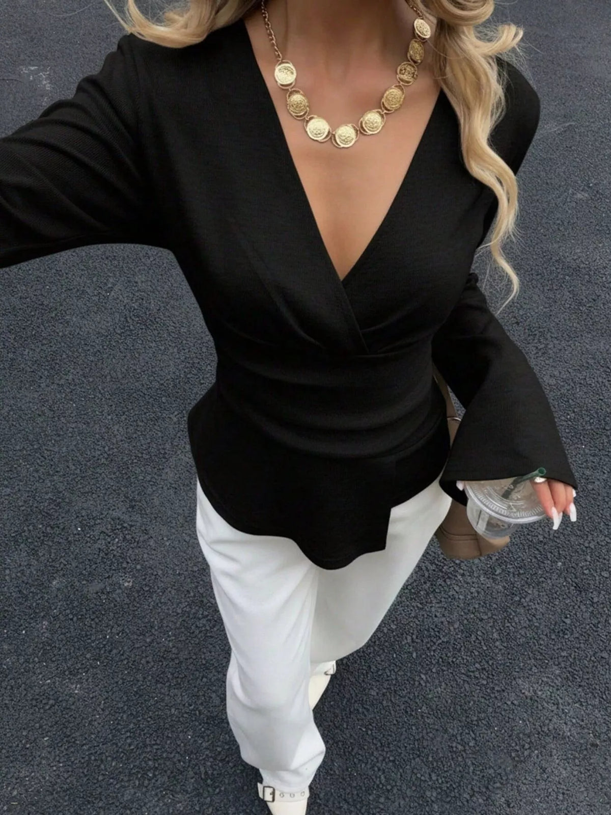 Wrap-Front Long Sleeve T-Shirt - Draped in Grace