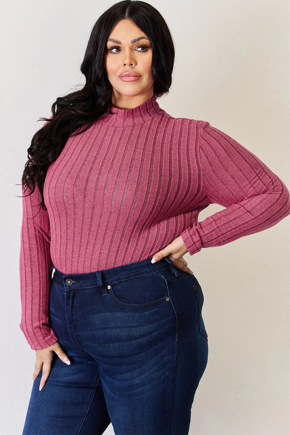 Basic Bae Full Size Ribbed Mock Neck Long Sleeve T-Shirt - Draped in Grace