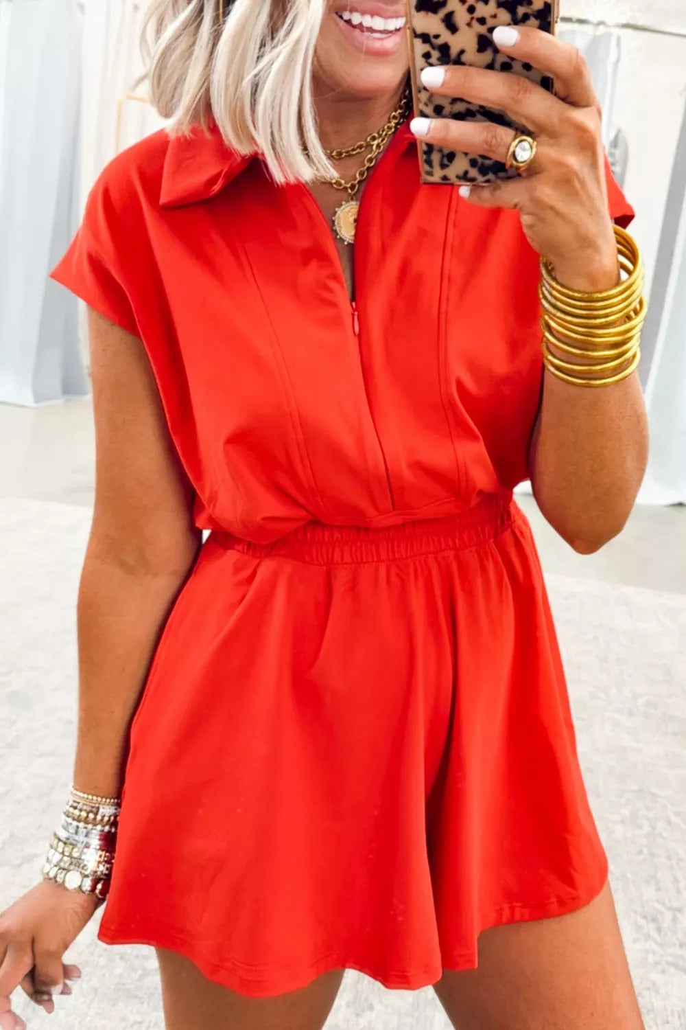 Half Zip Polo Tee Elastic Waist Romper - Draped in Grace