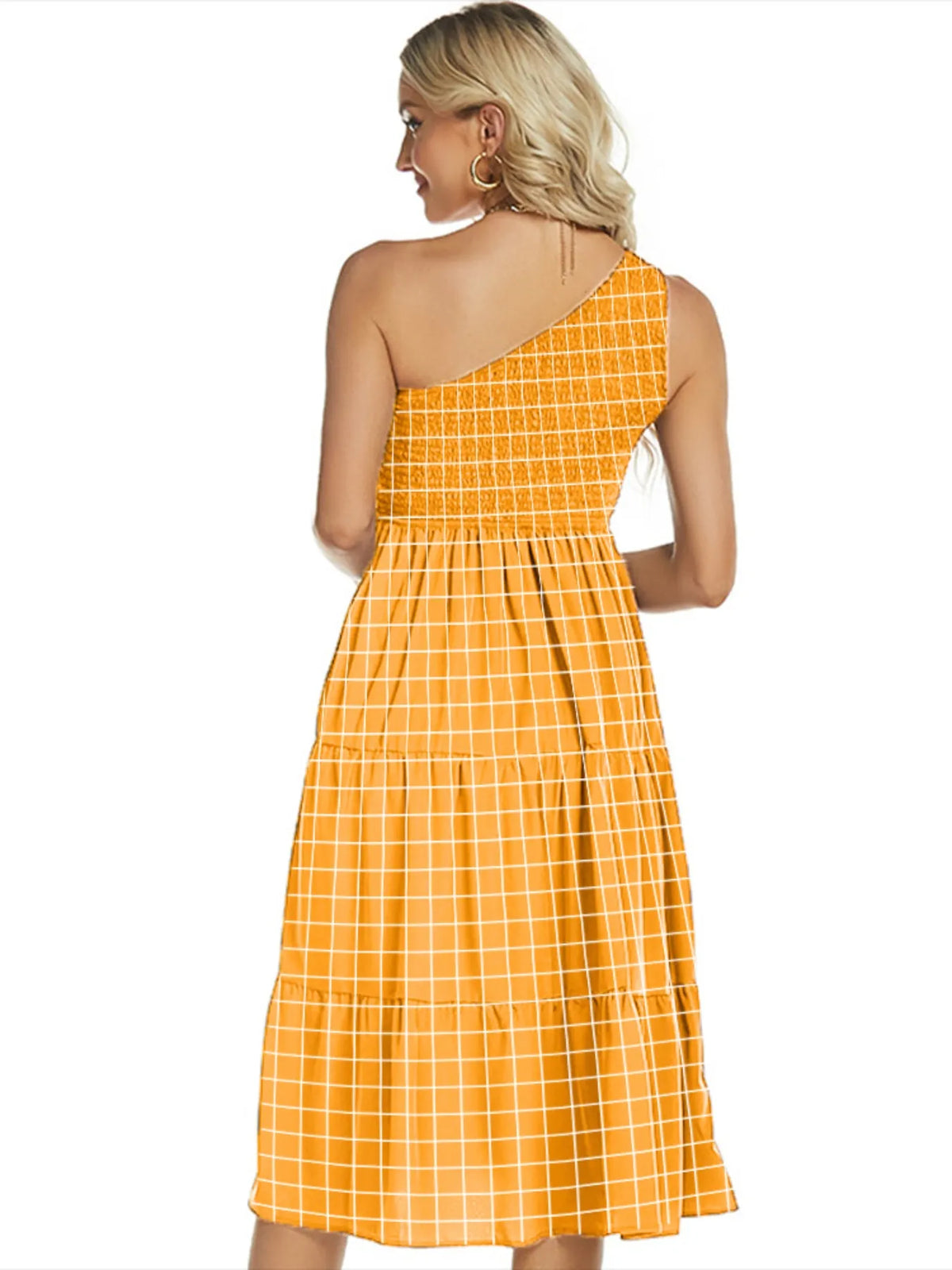 One-Shoulder Tiered Midi Dress with Smocked Bodice - Draped in Grace