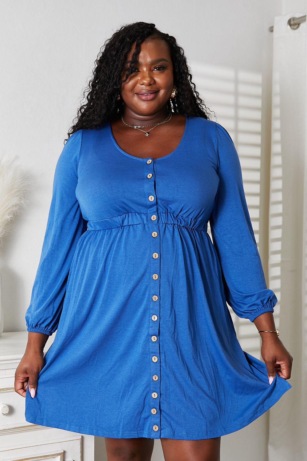 Double Take Scoop Neck Empire Waist Long Sleeve Magic Dress - Draped in Grace