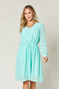 Double Take Full Size Printed Ruched V-Neck Long Sleeve Dress - Draped in Grace