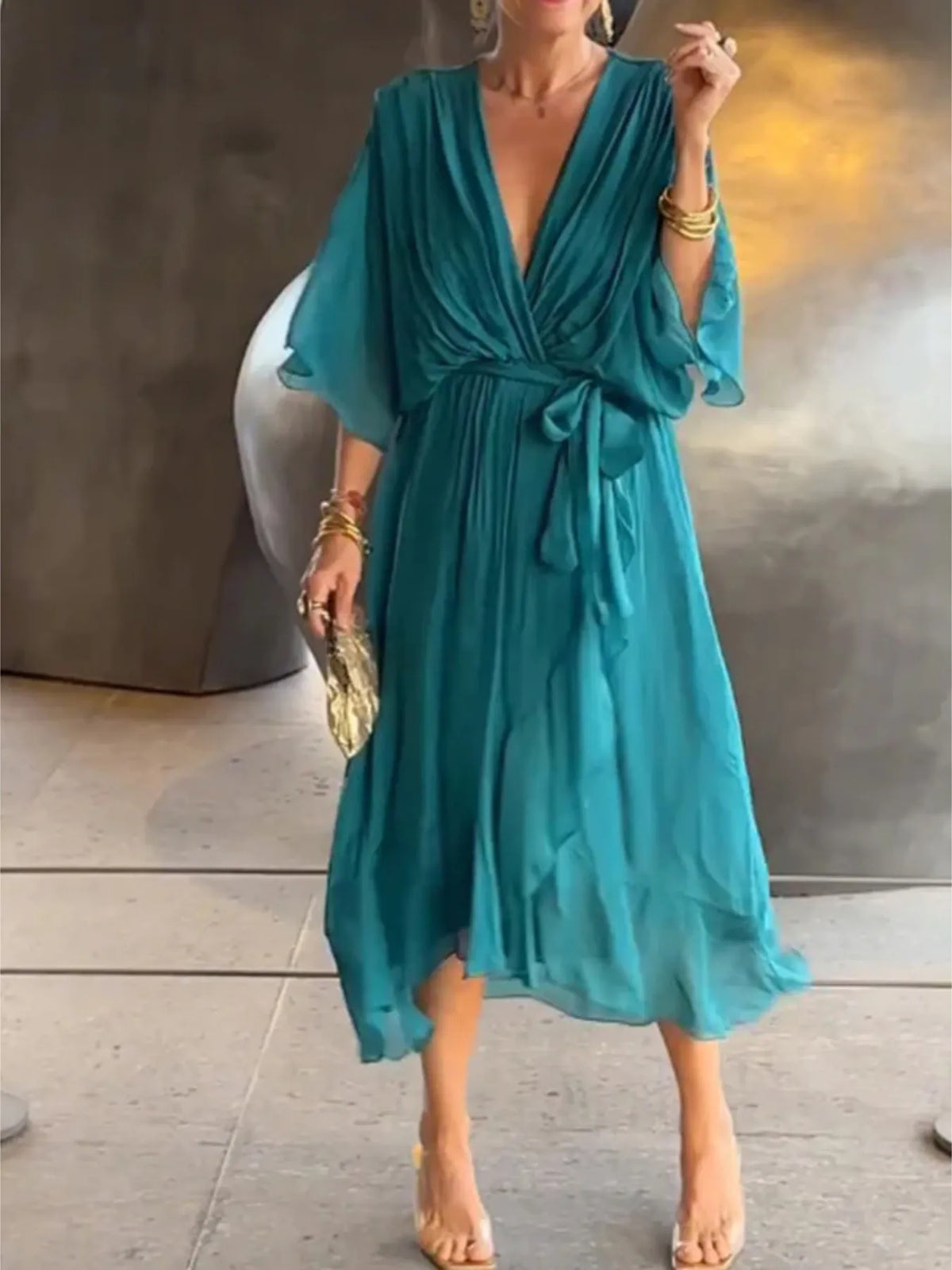 Full Size Flowy Tie Front Midi Dress with Flutter Sleeves Plus Size - Draped in Grace