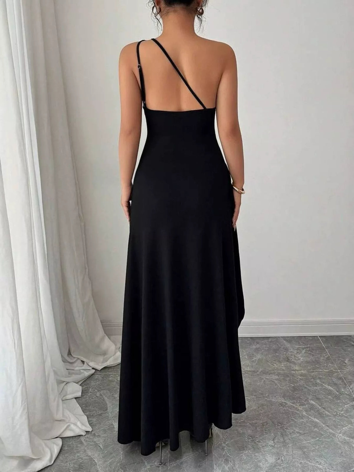 One-Shoulder Ruched High-Slit Maxi Dress - Draped in Grace