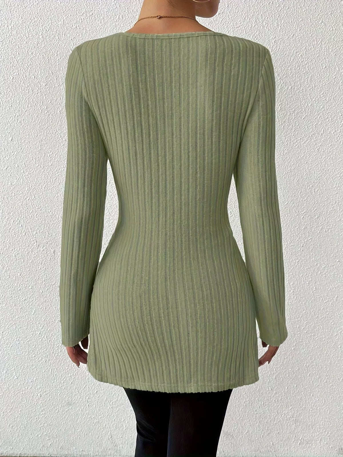 Ribbed Knit Long Sleeve Wrap T-Shirt with Side Slit - Draped in Grace