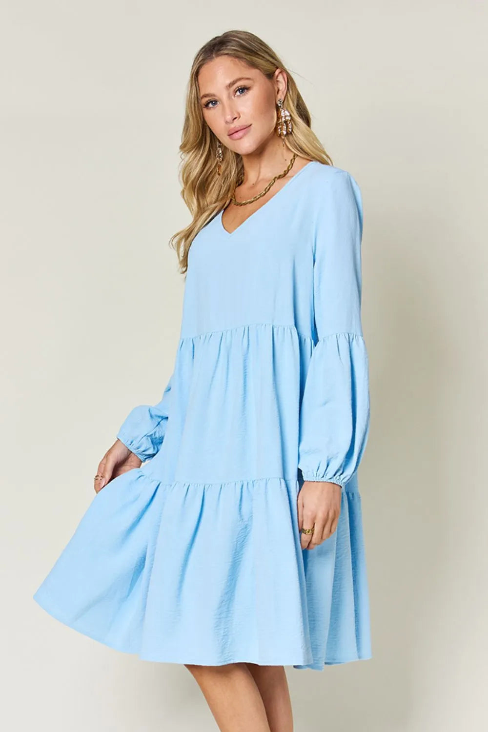 Double Take Full Size V-Neck Balloon Sleeve Tiered Dress with Pockets - Draped in Grace