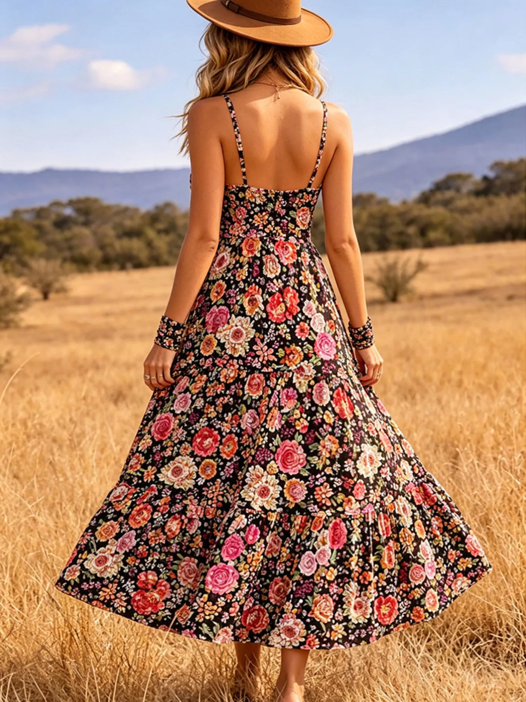 Floral Print V-Neck Midi Dress - Draped in Grace
