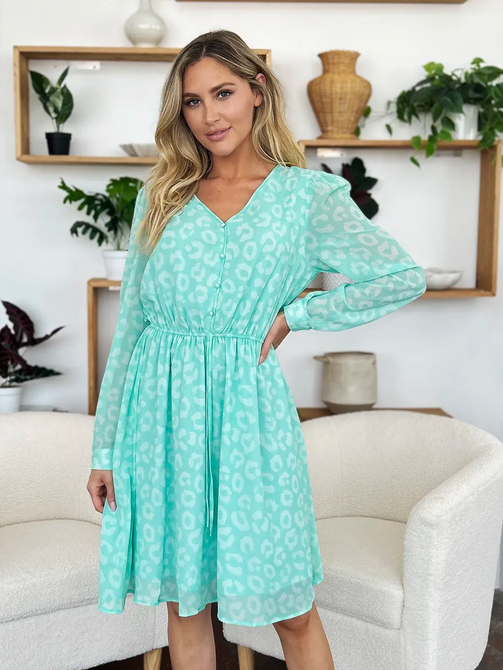 Double Take Full Size Printed Ruched V-Neck Long Sleeve Dress - Draped in Grace