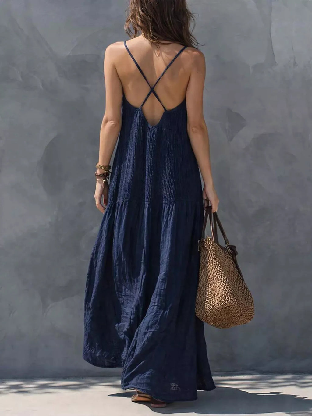 Sleeveless Smocked V-Neck Casual Maxi Dress - Draped in Grace