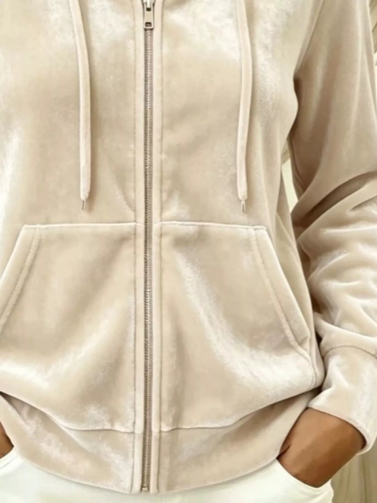 Full Size Velvet Zip-Up Hoodie with Drawstring Plus Size - Draped in Grace