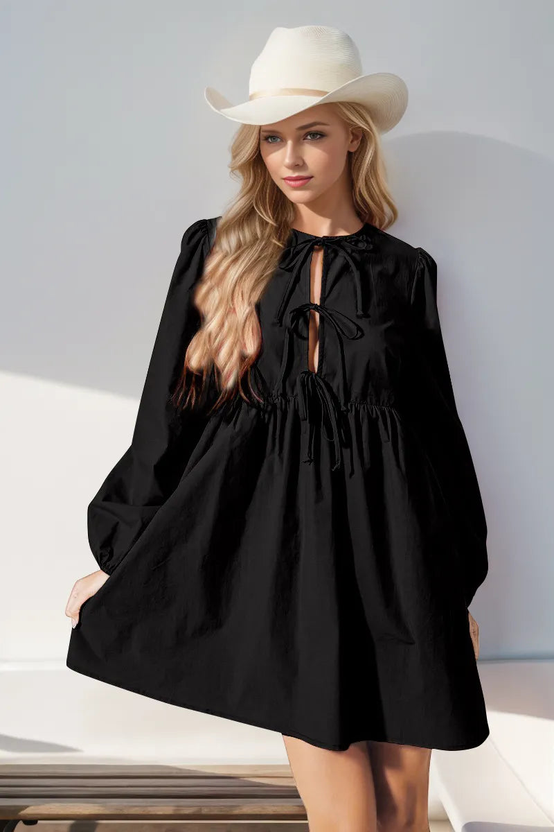 Double Take Christmas Front Tied Long Sleeve Mini Dress - Draped in Grace