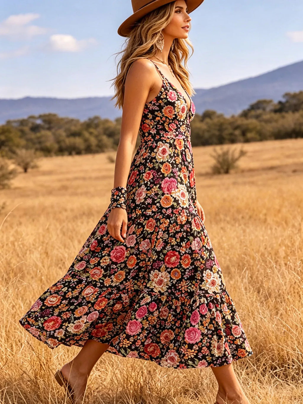 Floral Print V-Neck Midi Dress - Draped in Grace