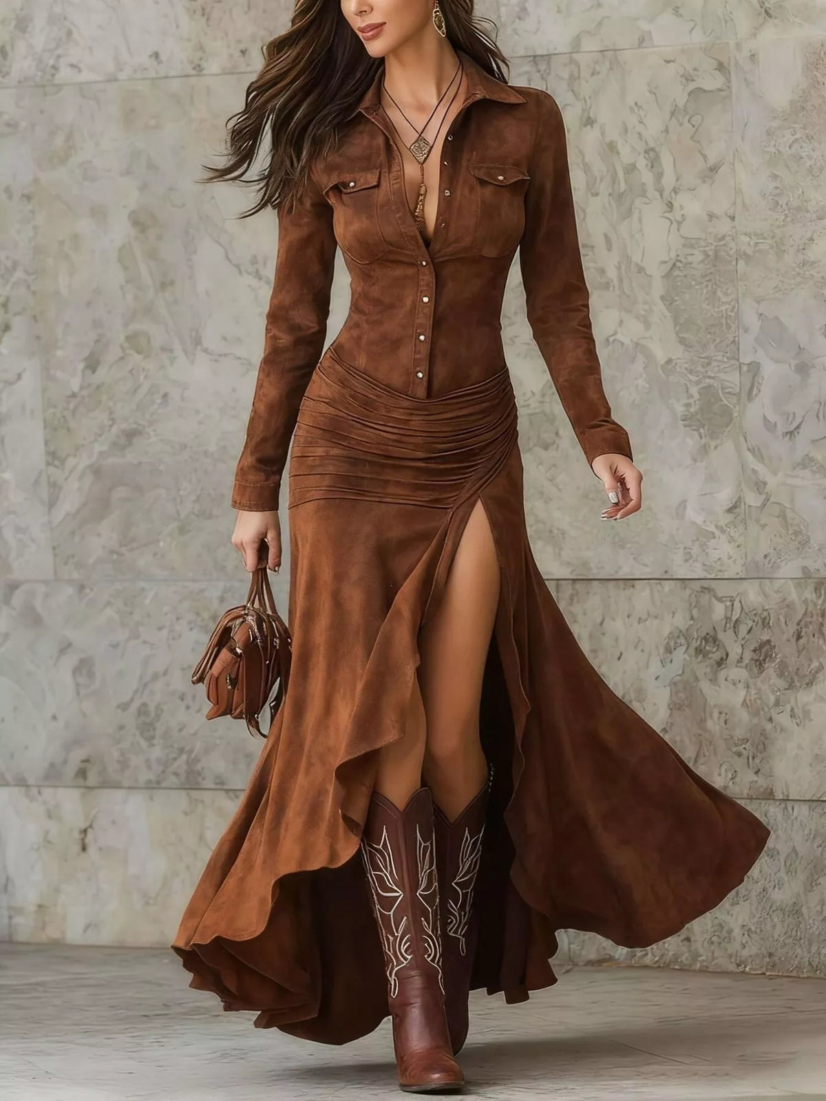 Full Size High-Low Long Sleeve Maxi Dress Plus Size - Draped in Grace