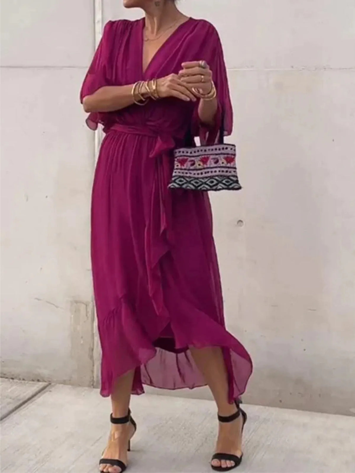 Full Size Flowy Tie Front Midi Dress with Flutter Sleeves Plus Size - Draped in Grace