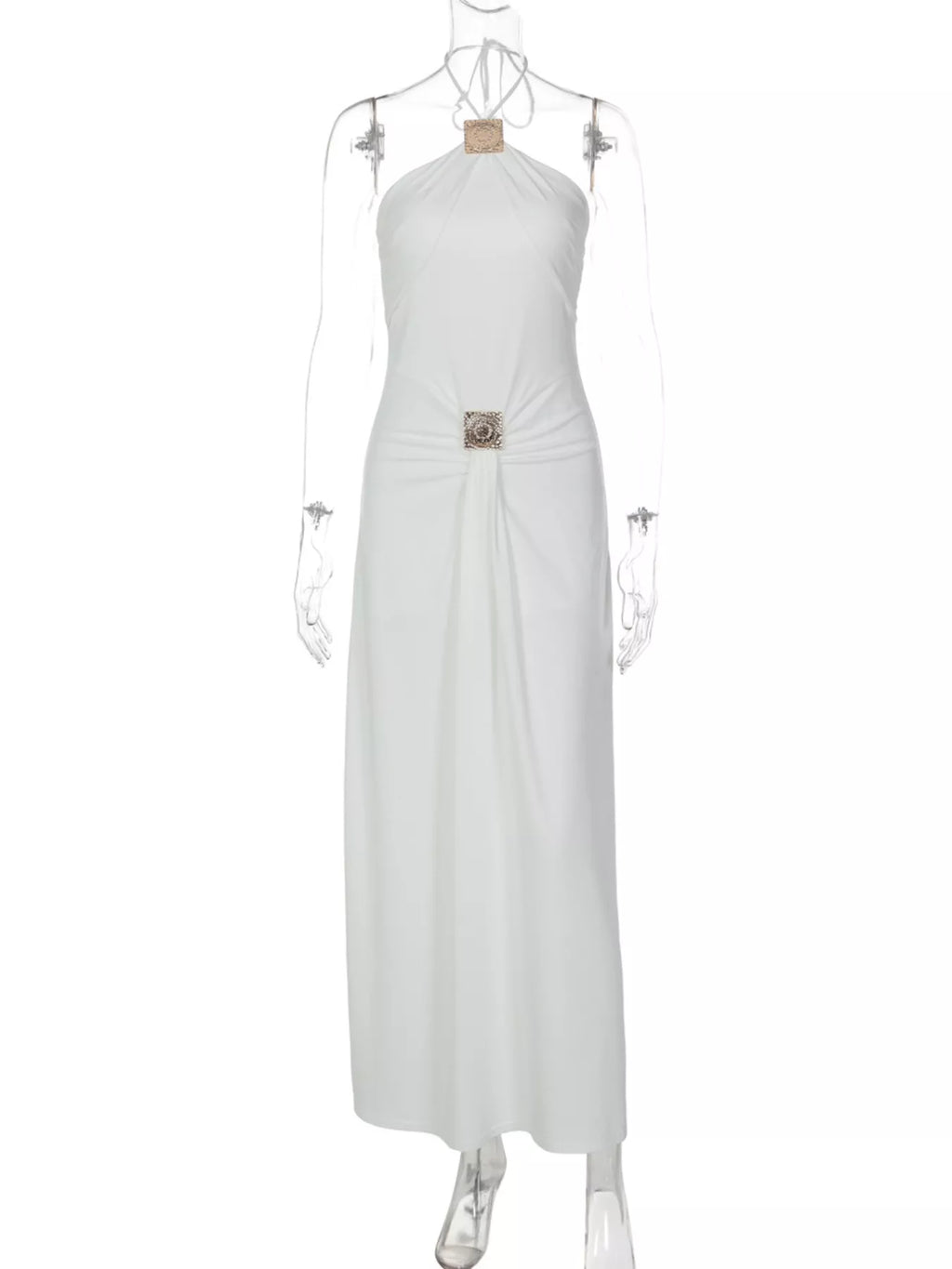 Backless Ruched Halter Neck Maxi Dress - Draped in Grace